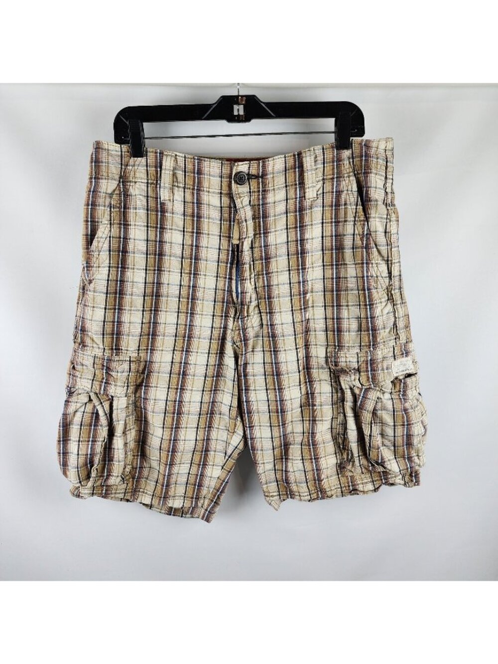Levi's The Original Shorts Men 34 Plaid Cargo White Tan Black Cotton